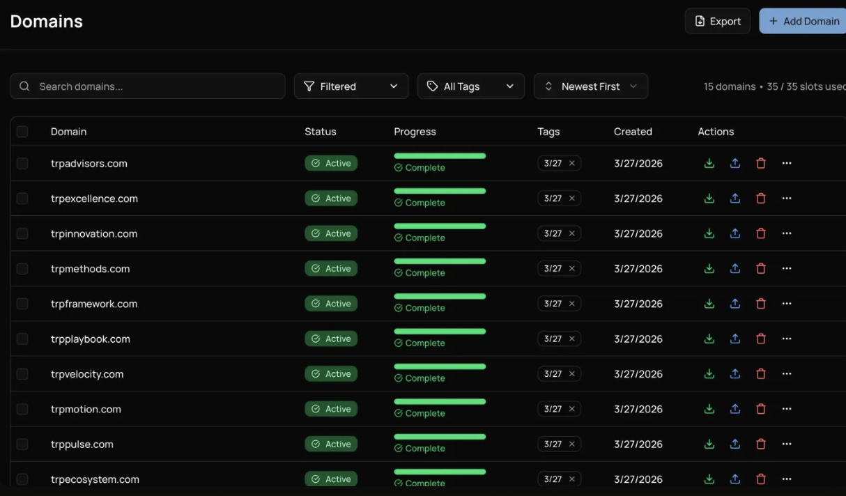 Infrastructure dashboard showing active sending domains