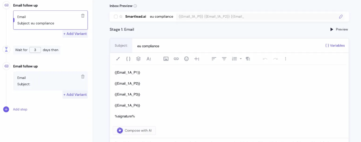Sequence builder showing multi-step email campaign